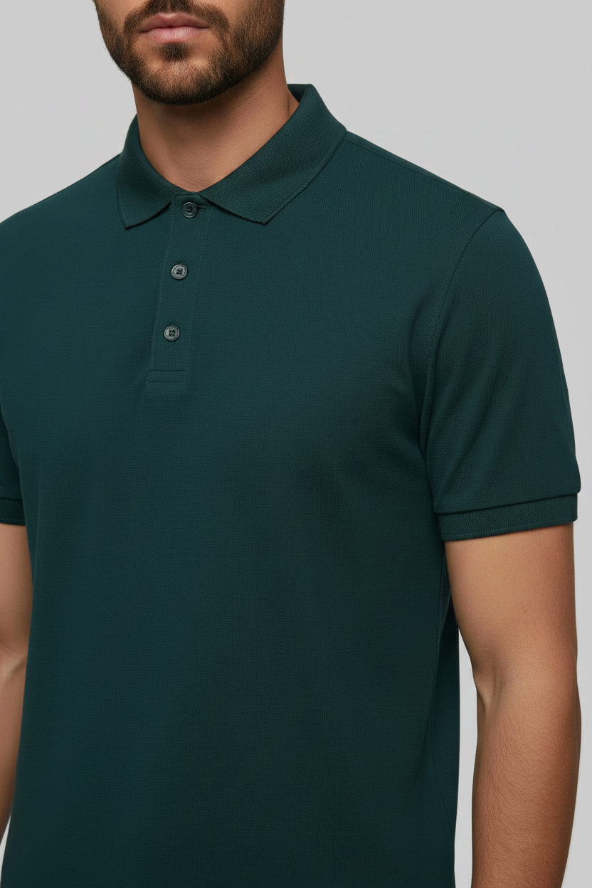 Close-up Detail – Petrol Blue Polo
