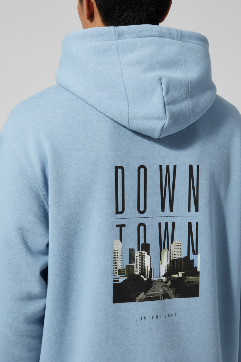 Down Town Hoodie Baby Blue – Close-up Back Detail