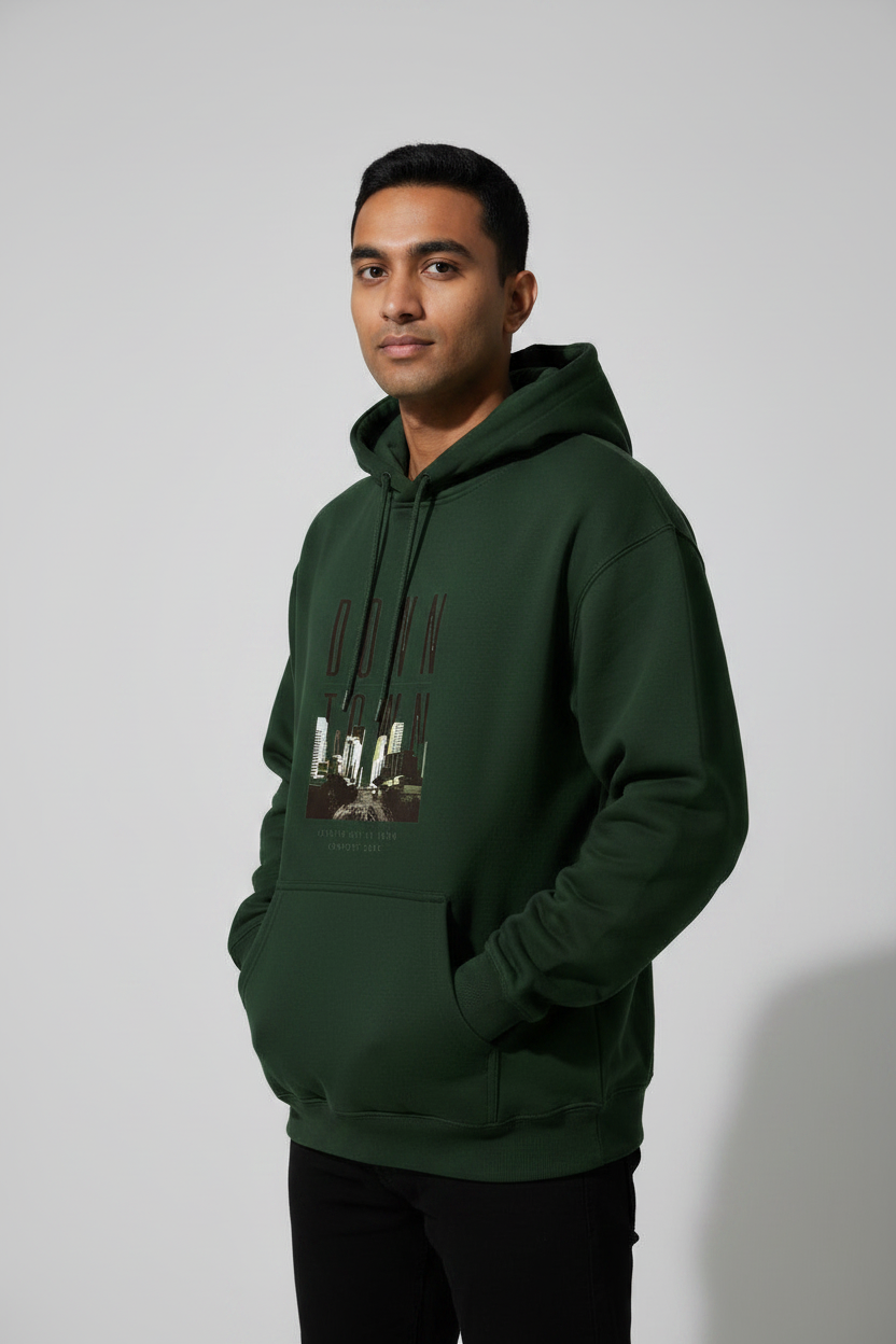 Down Town Hoodie Bottle Green – 45° Front Left
