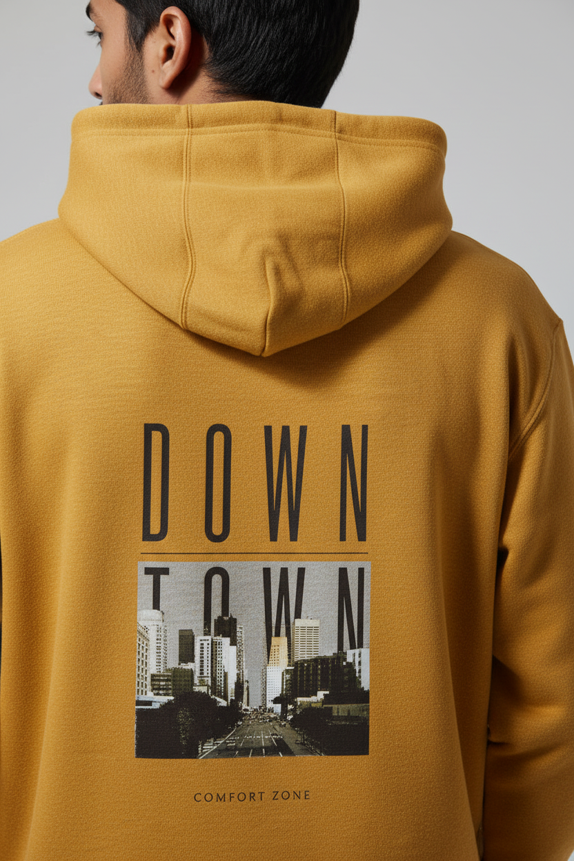 Down Town Hoodie Mustard Yellow – Close-up Back Detail