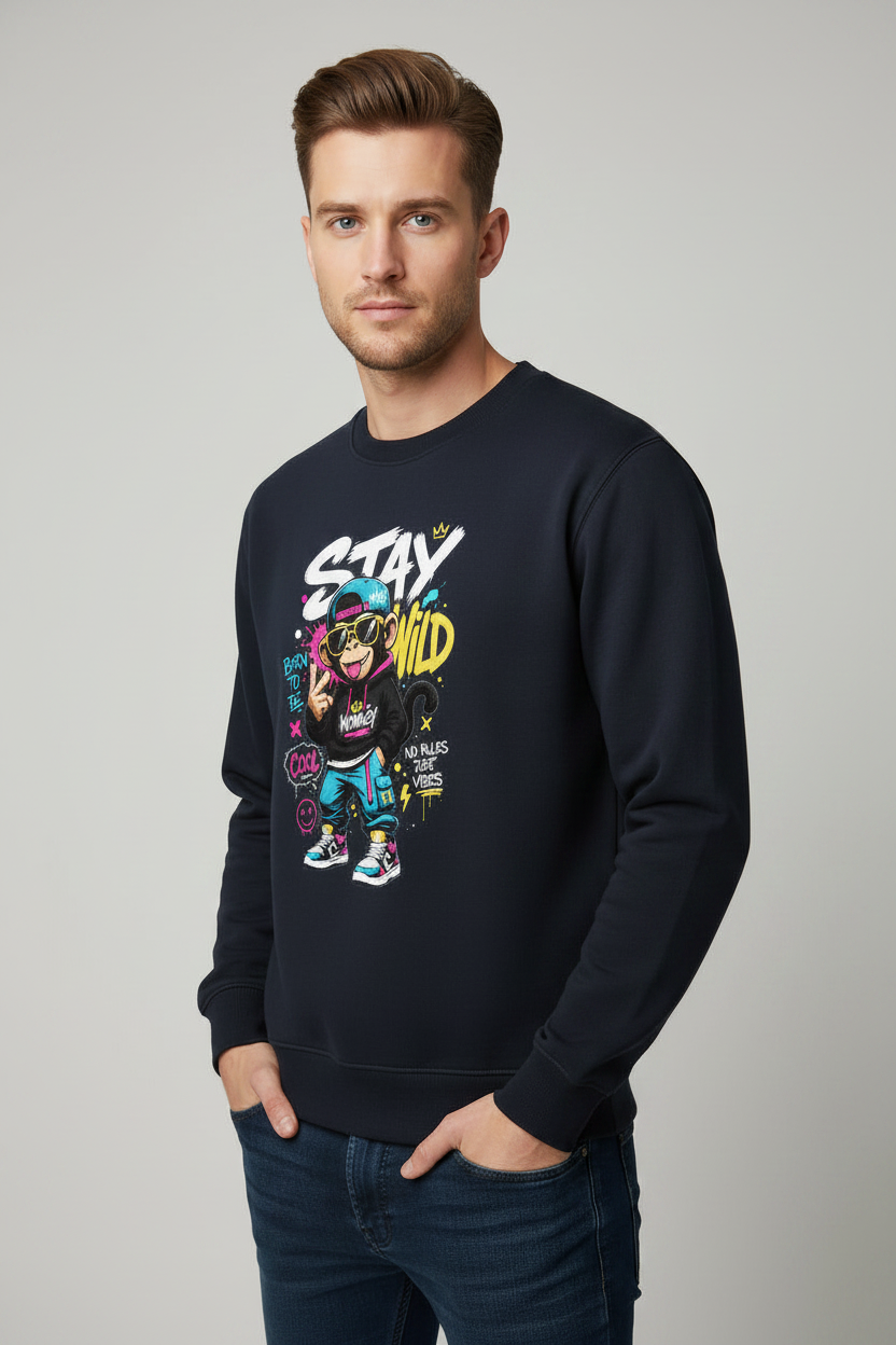 Stay Wild Sweatshirt Navy Blue – 45° Front Left